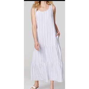 J Jill Love Linen Maxi Dress Women L White Blue Stripe Sleeveless Tiered Ruffle